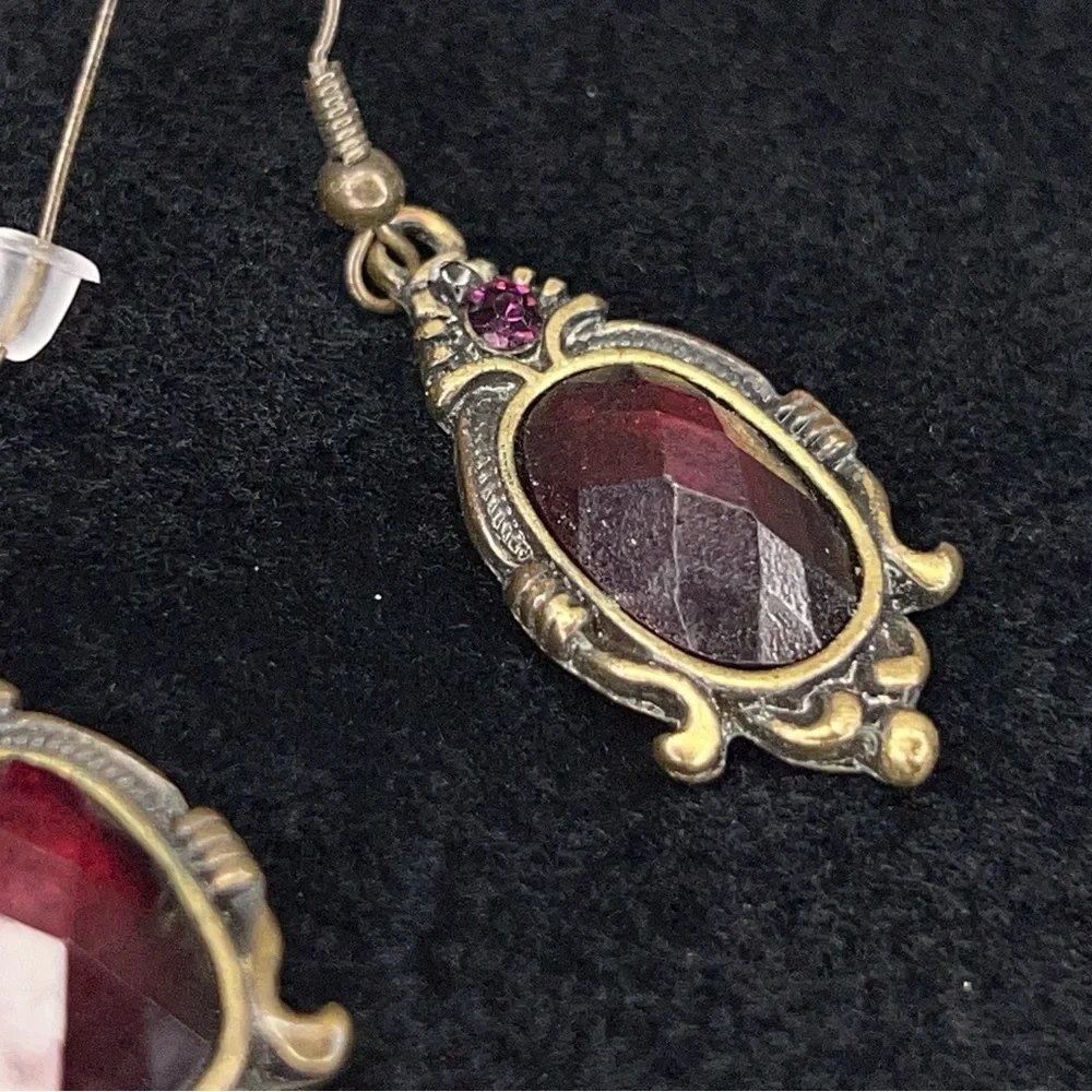 Victorian Style Dangle Earrings Bronze Look Deep Red Burgundy Boho Bohemian